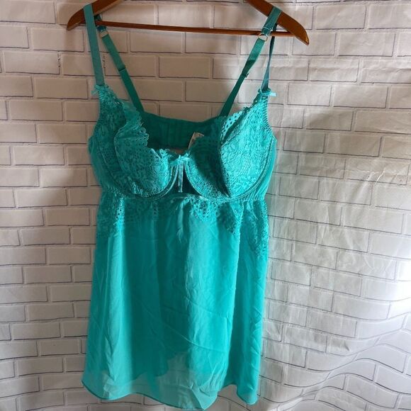 Cacique NWT Turquoise Lace/Mesh Chemise 2 Pc. Set - Picture 1 of 11